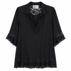L&B Black Boho Tunic Top Women 2X Lace Trim Cottagecore Romantic Oversized